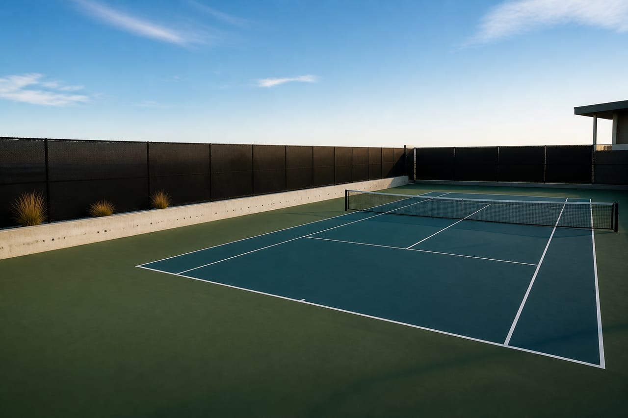 An empty outdoor tennis court at sunset, its blue-green surface raked by low light, enclosed by a dark windscreen fence.
